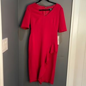 NWT - Maggy London red short sleeve v-neck dress with asymmetric ruffle
